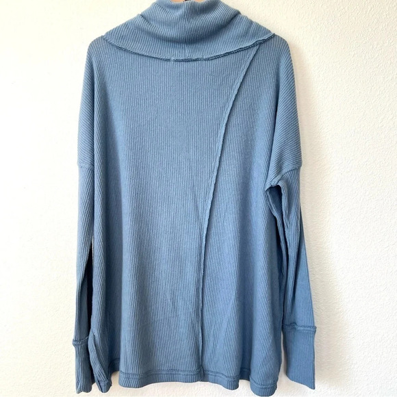 Free People Ribbed Cowl Neck Pale Blue Long Sleeve Lounge Cozy Top Small - Picture 7 of 9